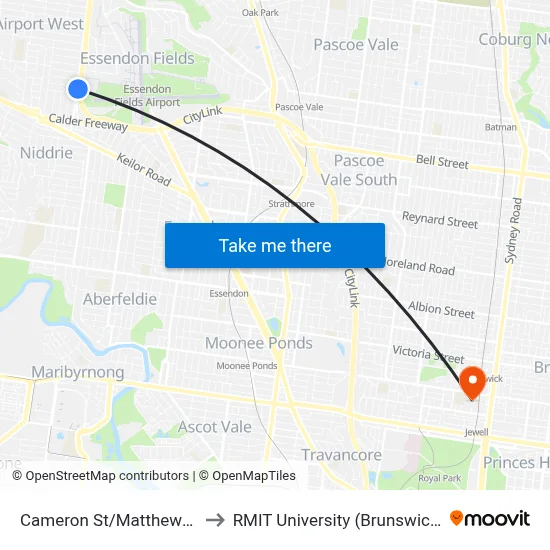 Cameron St/Matthews Ave #55 to RMIT University (Brunswick Campus) map