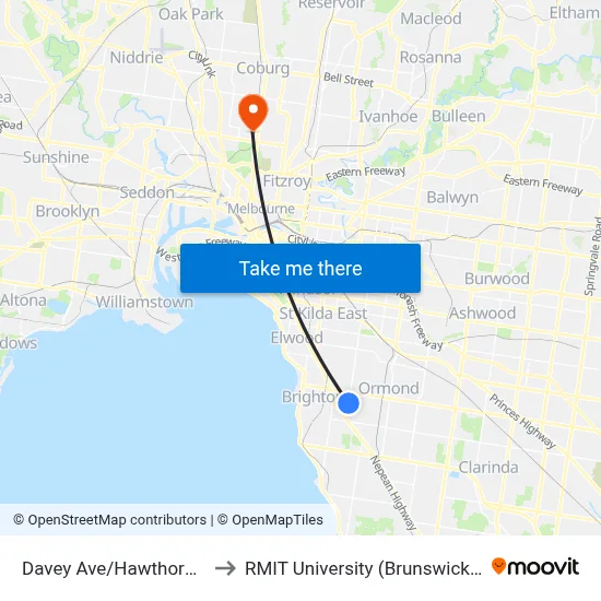Davey Ave/Hawthorn Rd #65 to RMIT University (Brunswick Campus) map