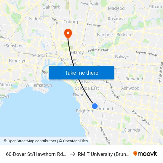 Dover St/Hawthorn Rd #60 to RMIT University (Brunswick Campus) map