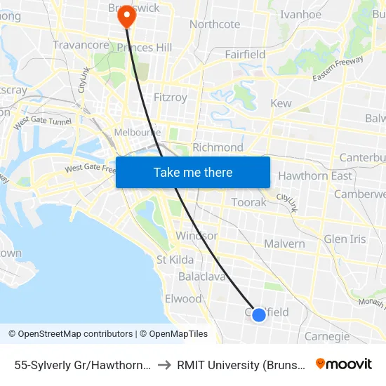 Sylverly Gr/Hawthorn Rd #55 to RMIT University (Brunswick Campus) map
