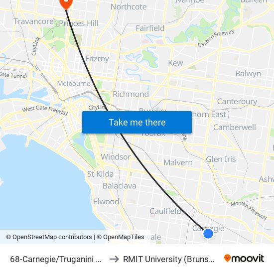 68-Carnegie/Truganini Rd (Carnegie) to RMIT University (Brunswick Campus) map