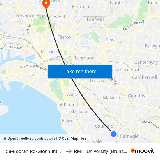 Booran Rd/Glenhuntly Rd #58 to RMIT University (Brunswick Campus) map
