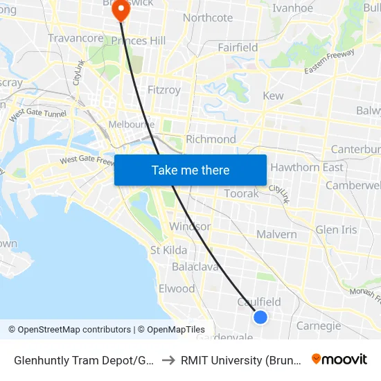 Glenhuntly Tram Depot/Glenhuntly Rd #53 to RMIT University (Brunswick Campus) map