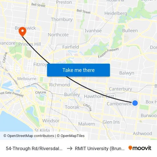 Through Rd/Riversdale Rd #54 to RMIT University (Brunswick Campus) map