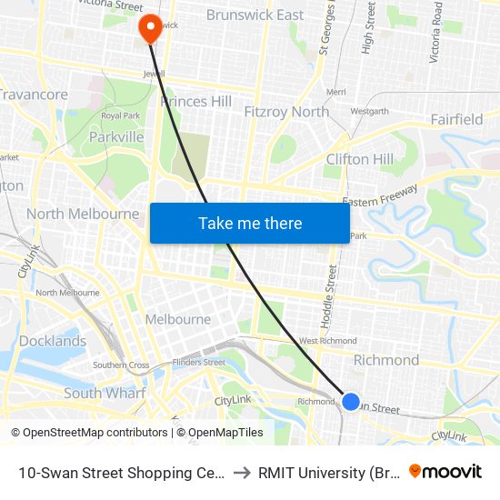 10-Swan Street Shopping Centre/Swan St (Richmond) to RMIT University (Brunswick Campus) map