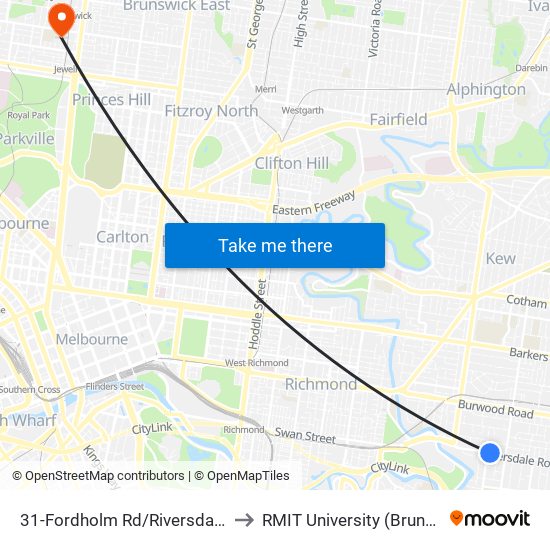 31-Fordholm Rd/Riversdale Rd (Hawthorn) to RMIT University (Brunswick Campus) map