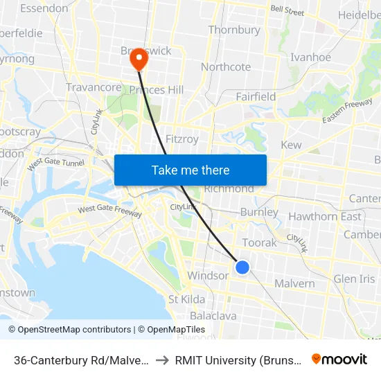 Canterbury Rd/Malvern Rd #36 to RMIT University (Brunswick Campus) map