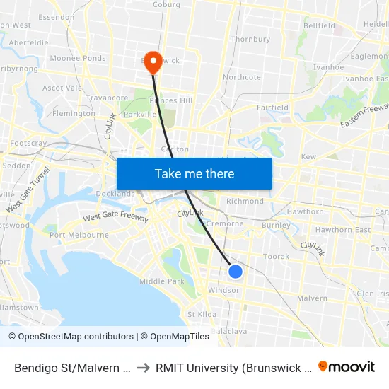 Bendigo St/Malvern Rd #32 to RMIT University (Brunswick Campus) map