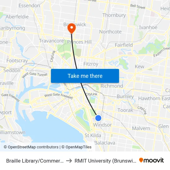 Braille Library/Commercial Rd #28 to RMIT University (Brunswick Campus) map