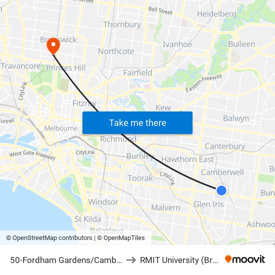 50-Fordham Gardens/Camberwell Rd (Camberwell) to RMIT University (Brunswick Campus) map