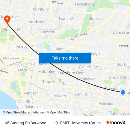 Starling St/Burwood Hwy #65 to RMIT University (Brunswick Campus) map