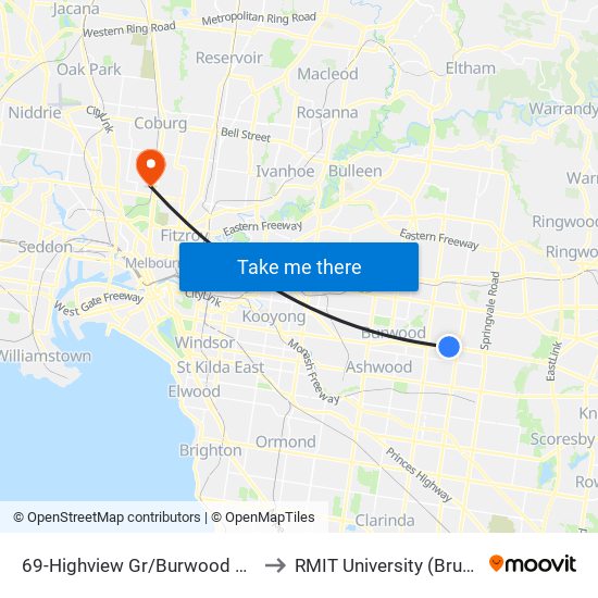 69-Highview Gr/Burwood Hwy (Burwood East) to RMIT University (Brunswick Campus) map