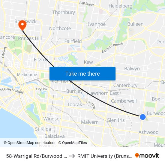 58-Warrigal Rd/Burwood Hwy (Burwood) to RMIT University (Brunswick Campus) map