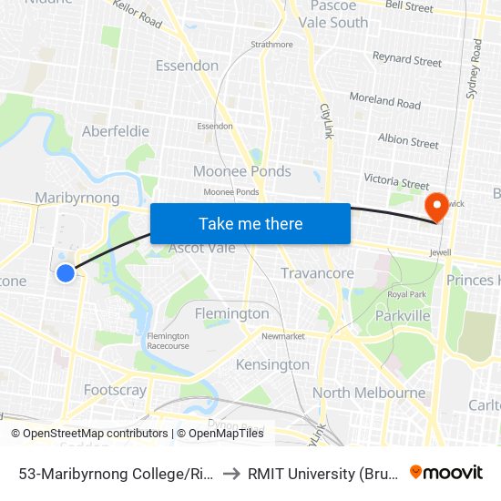 53-Maribyrnong College/River St (Maribyrnong) to RMIT University (Brunswick Campus) map