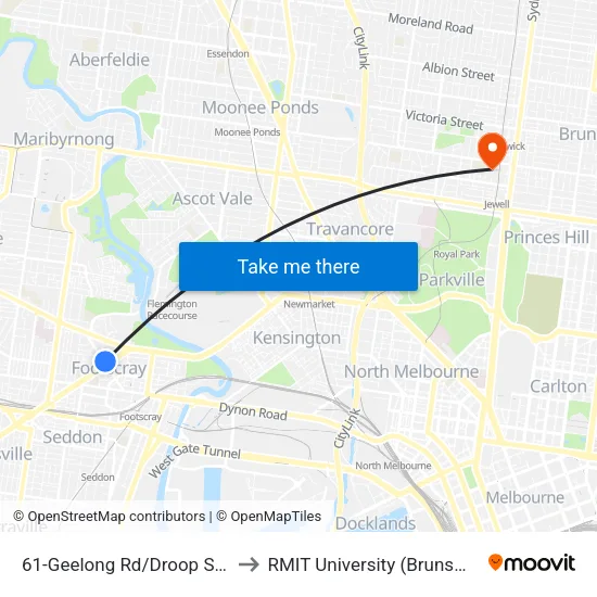 Geelong Rd/Droop St #61 to RMIT University (Brunswick Campus) map