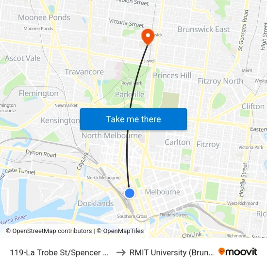 La Trobe St/Spencer St #119 to RMIT University (Brunswick Campus) map