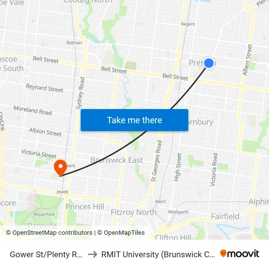Gower St/Plenty Rd #48 to RMIT University (Brunswick Campus) map
