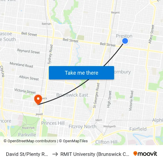 David St/Plenty Rd #47 to RMIT University (Brunswick Campus) map