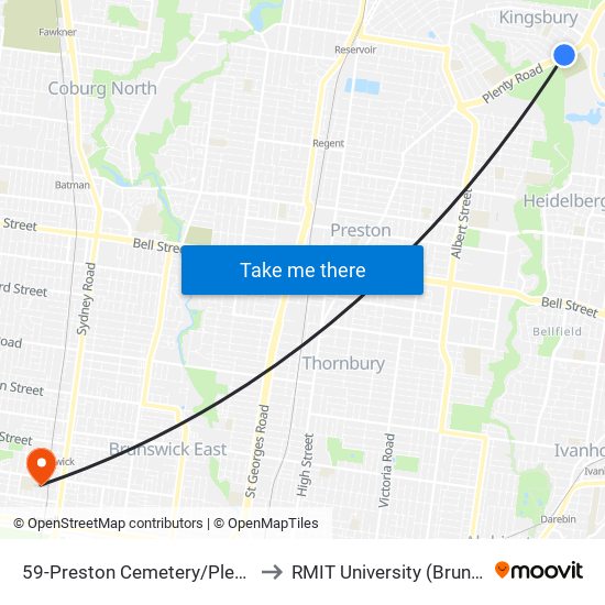 59-Preston Cemetery/Plenty Rd (Kingsbury) to RMIT University (Brunswick Campus) map