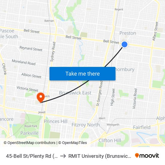 45-Bell St/Plenty Rd (Preston) to RMIT University (Brunswick Campus) map