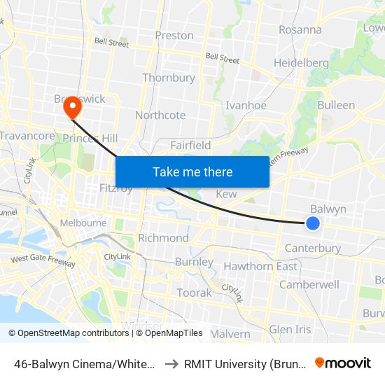 46-Balwyn Cinema/Whitehorse Rd (Balwyn) to RMIT University (Brunswick Campus) map