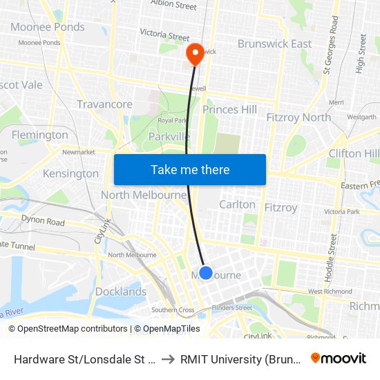 Hardware St/Lonsdale St (Melbourne City) to RMIT University (Brunswick Campus) map