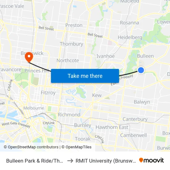 Bulleen Park & Ride/Thompsons Rd to RMIT University (Brunswick Campus) map