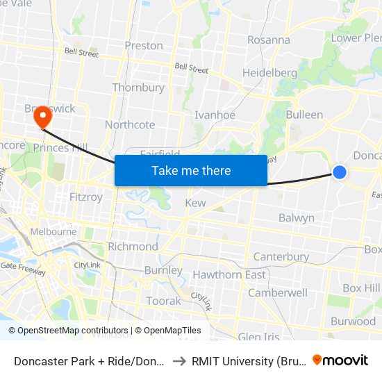 Doncaster Park + Ride/Doncaster Rd (Doncaster) to RMIT University (Brunswick Campus) map