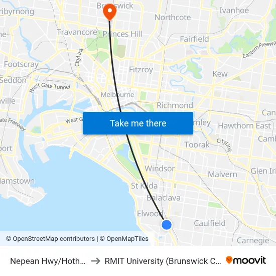 Nepean Hwy/Hotham St to RMIT University (Brunswick Campus) map