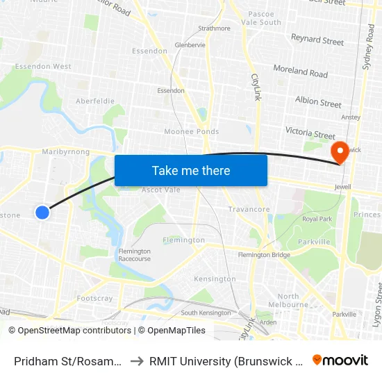 Pridham St/Rosamond Rd to RMIT University (Brunswick Campus) map