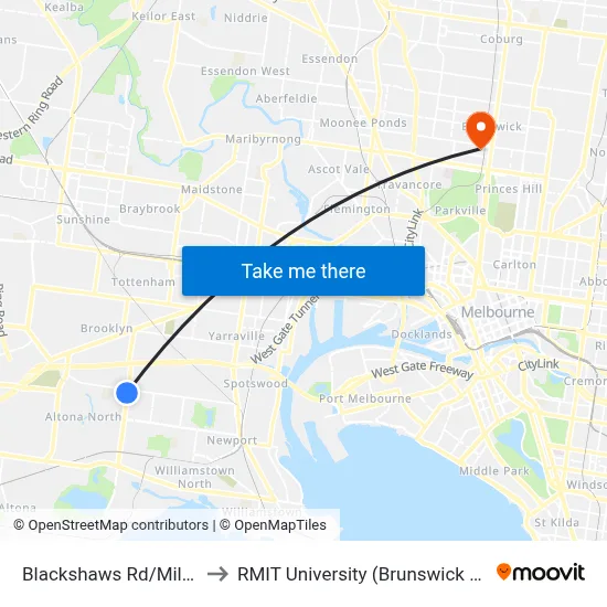 Blackshaws Rd/Millers Rd to RMIT University (Brunswick Campus) map