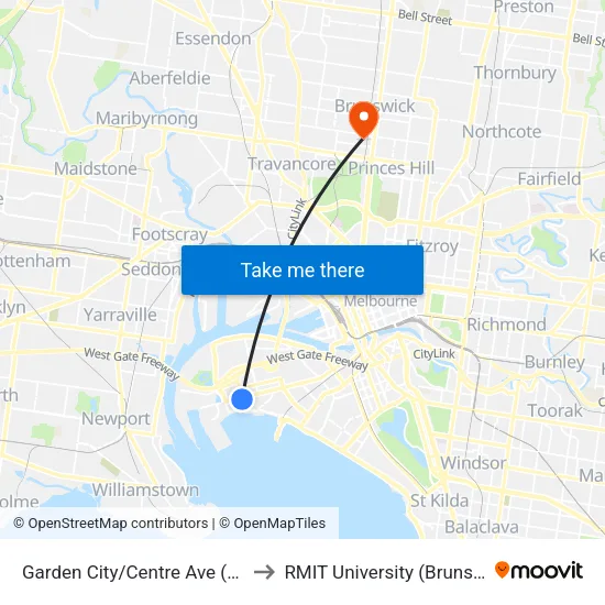 Garden City/Centre Ave to RMIT University (Brunswick Campus) map