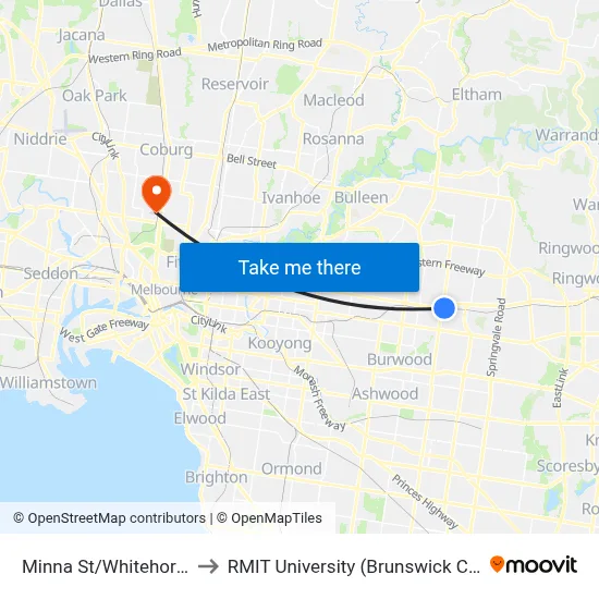 Minna St/Whitehorse Rd to RMIT University (Brunswick Campus) map