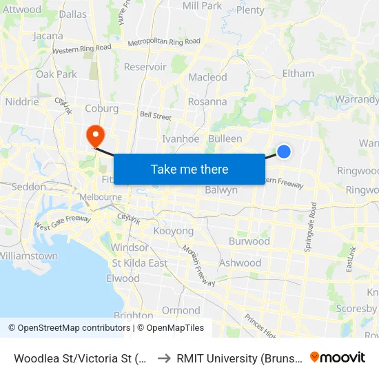 Woodlea St/Victoria St to RMIT University (Brunswick Campus) map