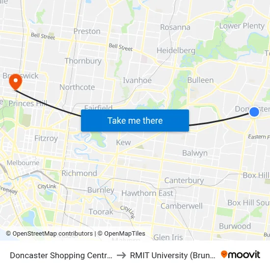 Doncaster Shopping Centre/Williamsons Rd to RMIT University (Brunswick Campus) map