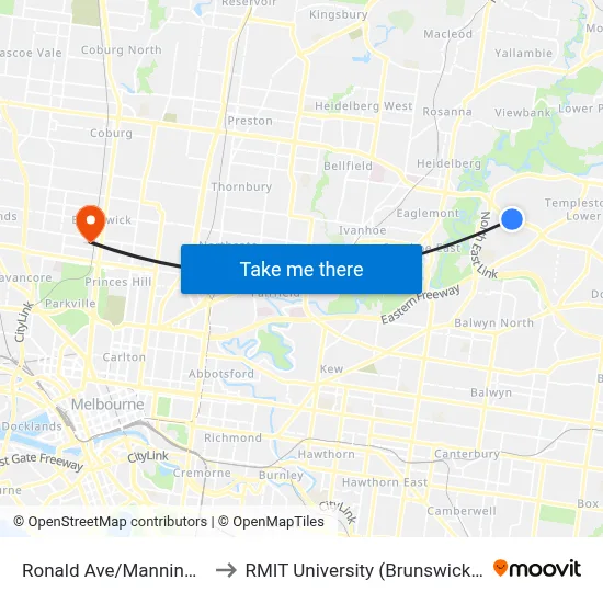 Ronald Ave/Manningham Rd to RMIT University (Brunswick Campus) map