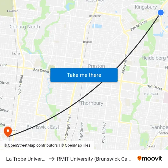 La Trobe University to RMIT University (Brunswick Campus) map