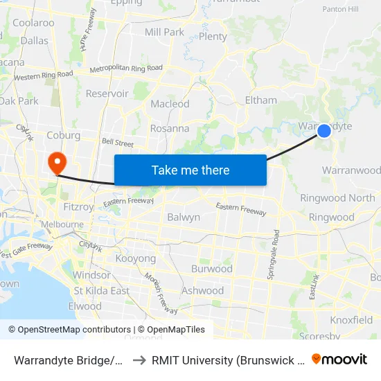 Warrandyte Bridge/Yarra St to RMIT University (Brunswick Campus) map