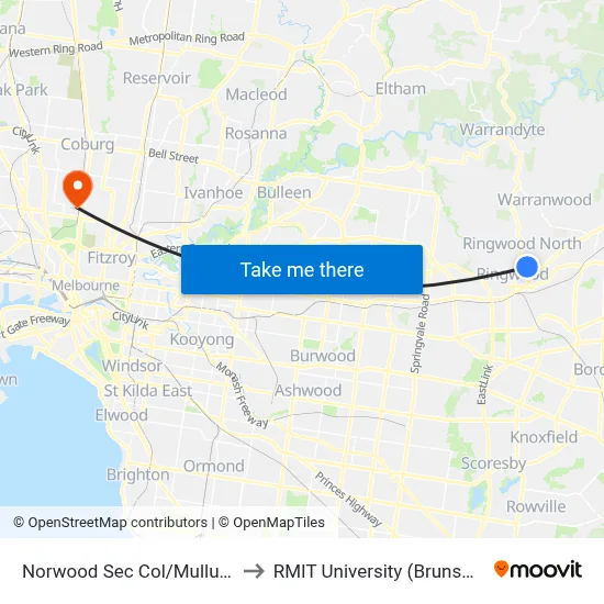 Norwood Sec Col/Mullum Mullum Rd to RMIT University (Brunswick Campus) map