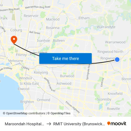 Maroondah Hospital/Grey St to RMIT University (Brunswick Campus) map