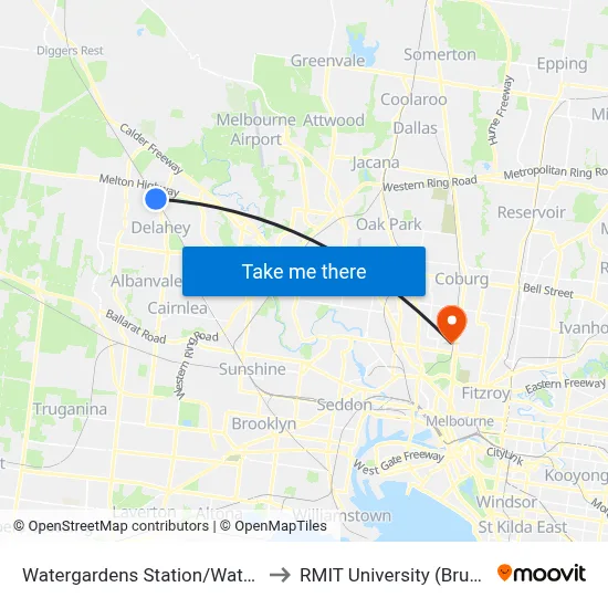 Watergardens Station/Watergardens Circuit Rd to RMIT University (Brunswick Campus) map