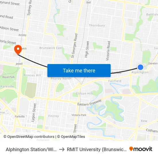Alphington Station/Wingrove St to RMIT University (Brunswick Campus) map