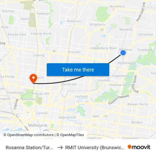 Rosanna Station/Turnham Ave to RMIT University (Brunswick Campus) map