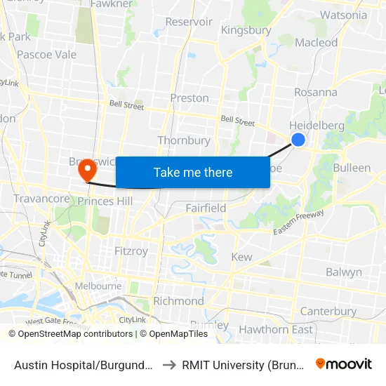 Austin Hospital/Burgundy St to RMIT University (Brunswick Campus) map