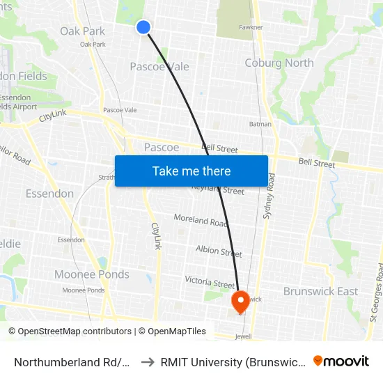 Northumberland Rd/Pascoe St to RMIT University (Brunswick Campus) map