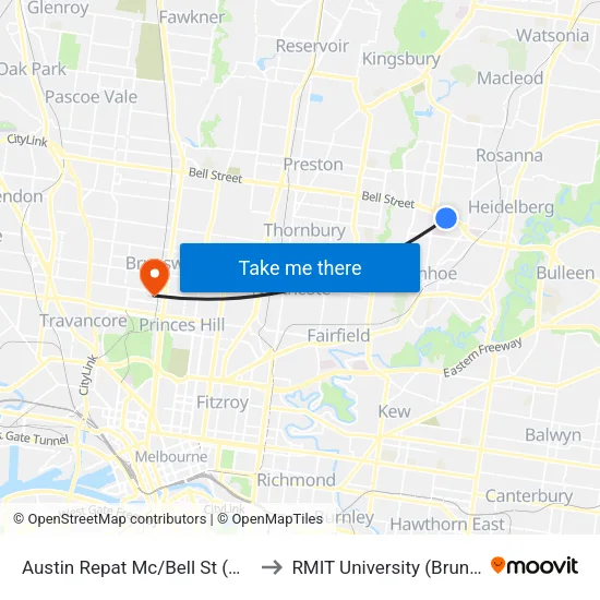 Austin Repat Mc/Bell St to RMIT University (Brunswick Campus) map