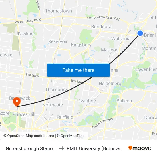 Greensborough Station/Main St to RMIT University (Brunswick Campus) map