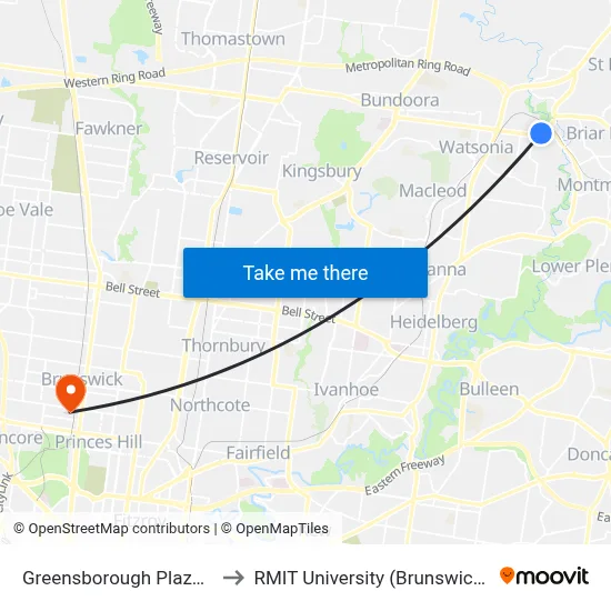 Greensborough Plaza/Main St to RMIT University (Brunswick Campus) map