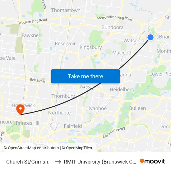 Church St/Grimshaw St to RMIT University (Brunswick Campus) map