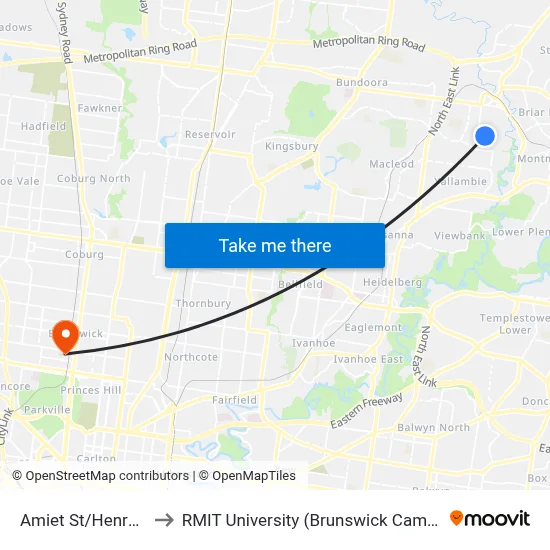 Amiet St/Henry St to RMIT University (Brunswick Campus) map